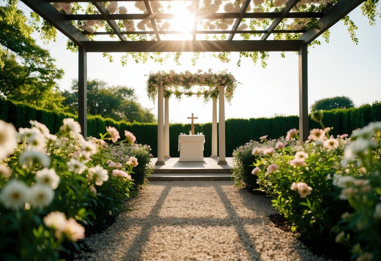 A secluded garden with a simple altar under a canopy of flowers, bathed in soft sunlight