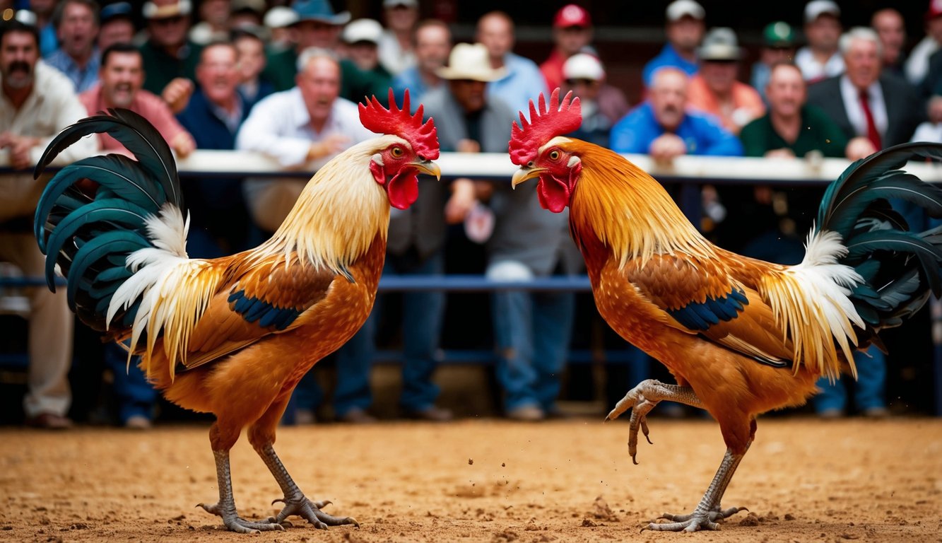 Dua ayam jantan berhadapan di arena yang ramai, bulu-bulu mereka berantakan dan paruh terbuka dalam pertarungan sengit. Kerumunan bersorak dan memasang taruhan saat pertarungan yang intens berlangsung.