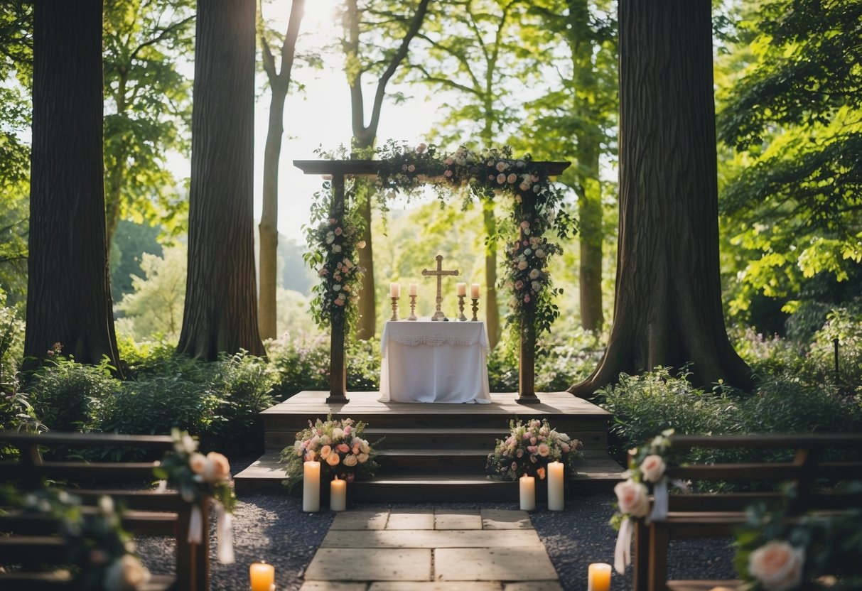 A secluded garden with a simple altar adorned with flowers and candles, surrounded by tall trees and soft sunlight filtering through the leaves