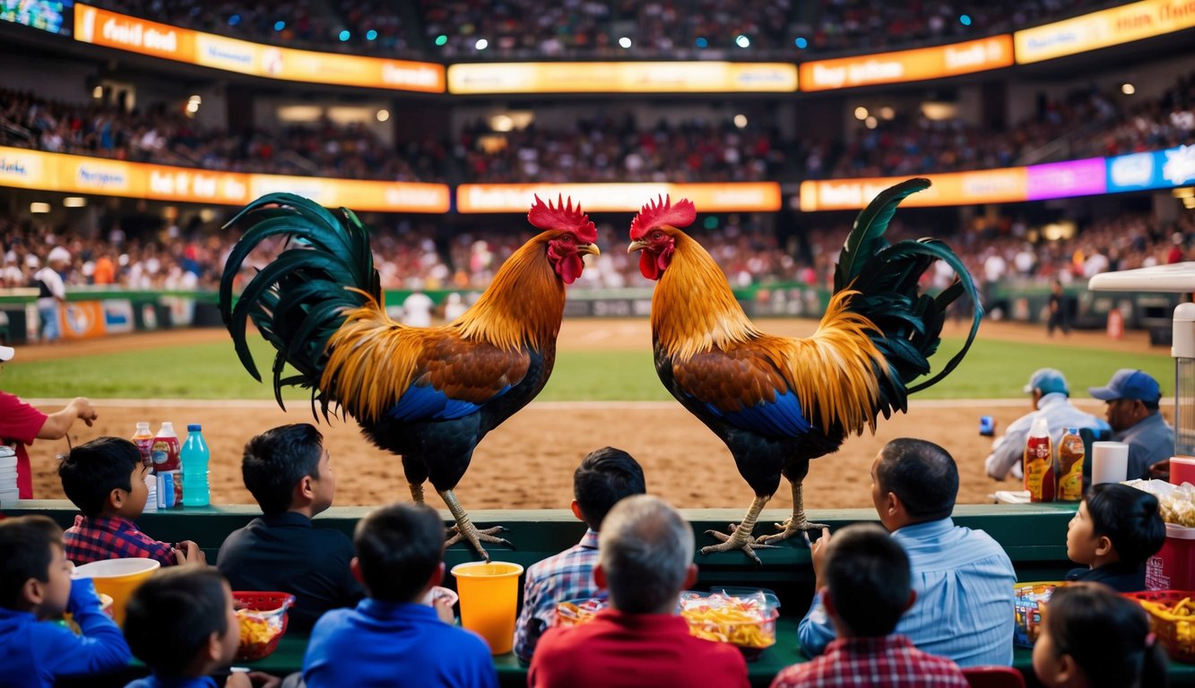 Sebuah arena yang ramai dengan ayam jantan berwarna-warni saling berhadapan di tengah, dikelilingi oleh penonton yang bersorak dan pedagang yang menjual makanan ringan dan minuman