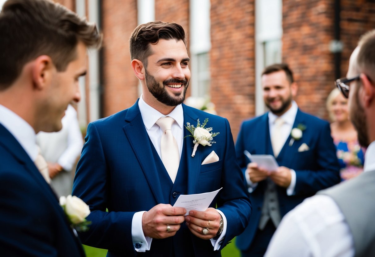 The best man holding the groom's ring and speech notes