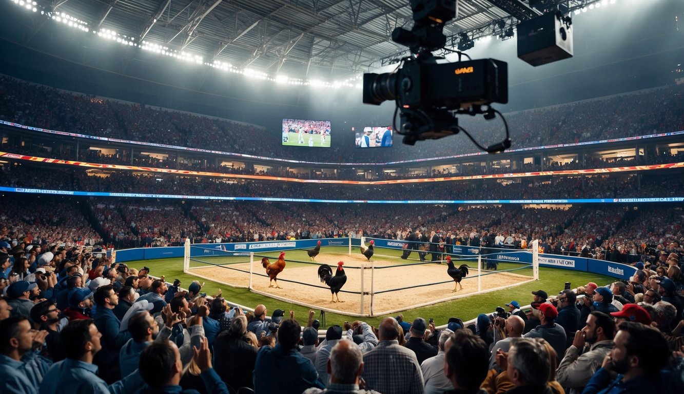 Sebuah stadion yang ramai dengan penonton yang bersorak, ayam jantan di dalam arena pertarungan, dan kamera streaming langsung yang menangkap suasana yang intens