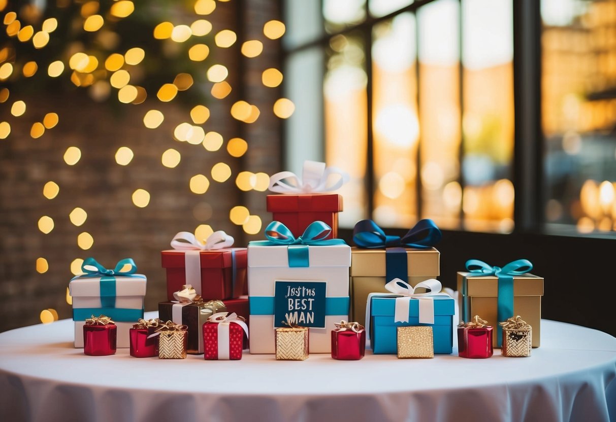 A table adorned with gifts and tokens of appreciation for the best man