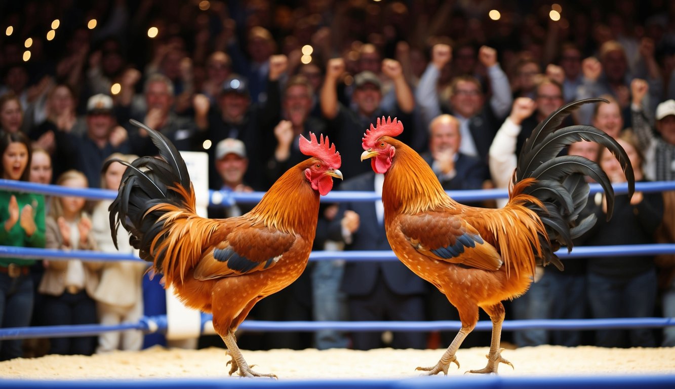 Dua ayam jantan berhadapan di dalam ring, dikelilingi oleh kerumunan penonton yang bersorak.