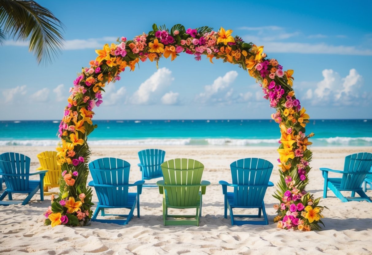 A tropical beach with a colorful, flower-filled archway and scattered chairs facing the ocean