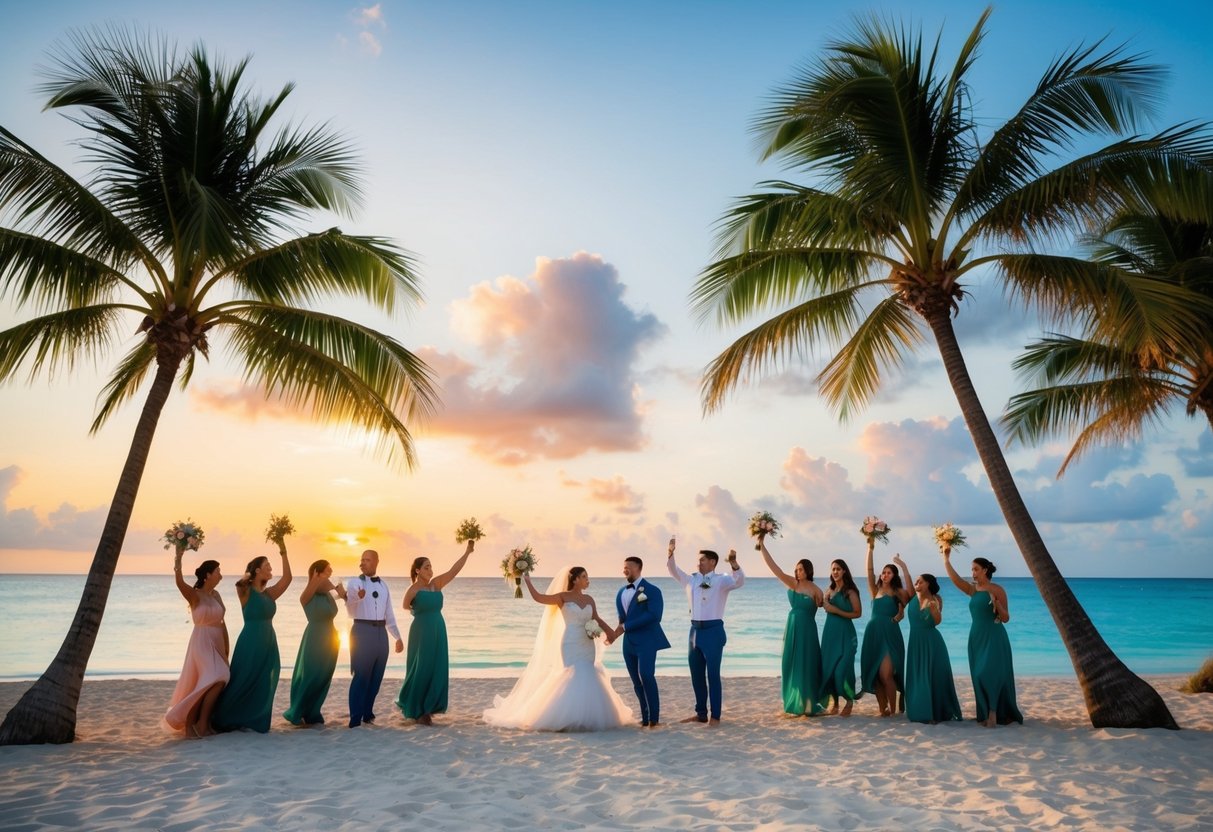 A tropical beach wedding with a colorful sunset, palm trees, and a small group of guests celebrating on the sand