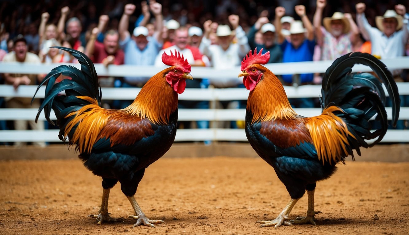 Dua ayam jantan berhadapan di arena yang ramai, dikelilingi oleh penonton yang antusias bersorak-sorai dan memasang taruhan pada hasilnya