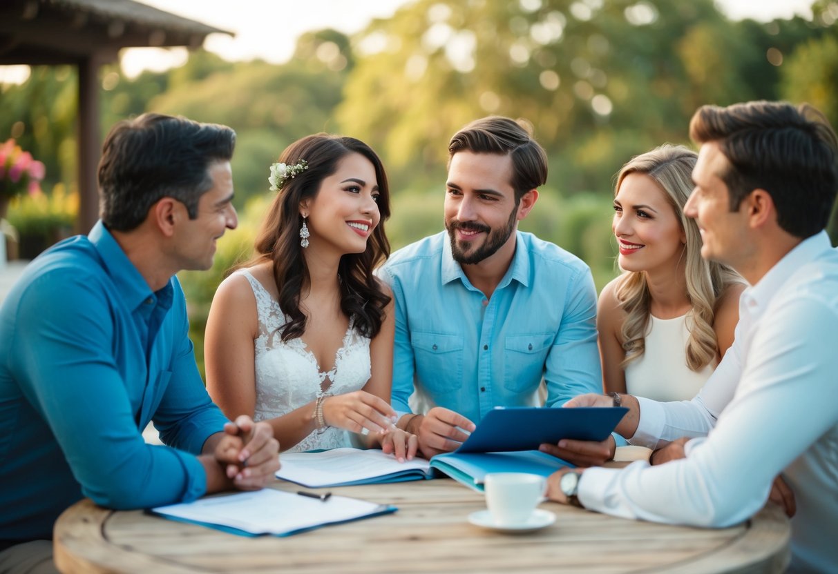 A couple discussing travel plans with family and friends for a destination wedding
