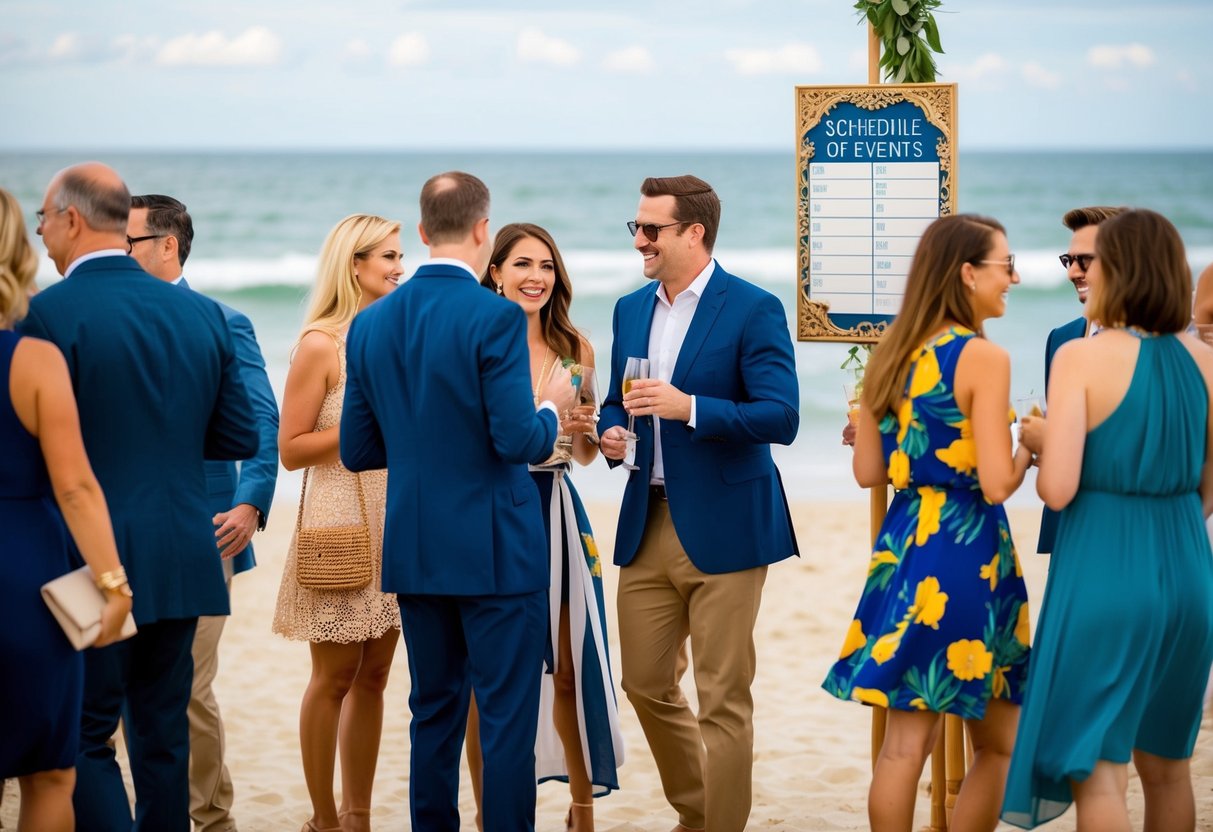 Guests mingling at a beachside cocktail party, with the ocean in the background and a schedule of events displayed on a decorative sign