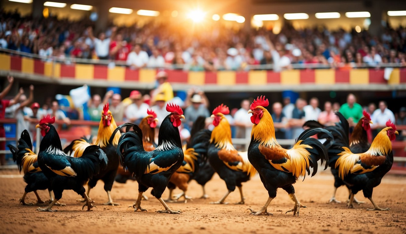 Sebuah arena yang ramai dipenuhi dengan penonton yang bersorak dan ayam jantan berwarna-warni yang terlibat dalam pertarungan ayam yang sengit