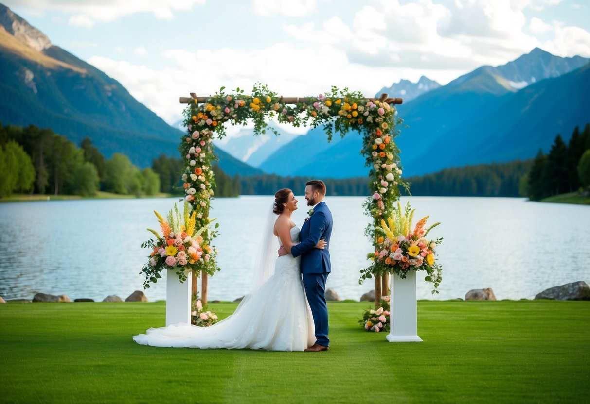 An outdoor wedding with a scenic backdrop of mountains and a serene lake, adorned with colorful flowers and elegant decor