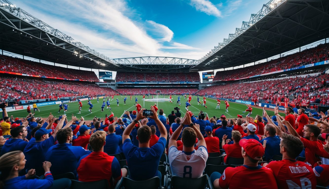 Sebuah stadion yang dipenuhi dengan penggemar yang bersorak dan atlet yang berkompetisi dalam berbagai cabang olahraga