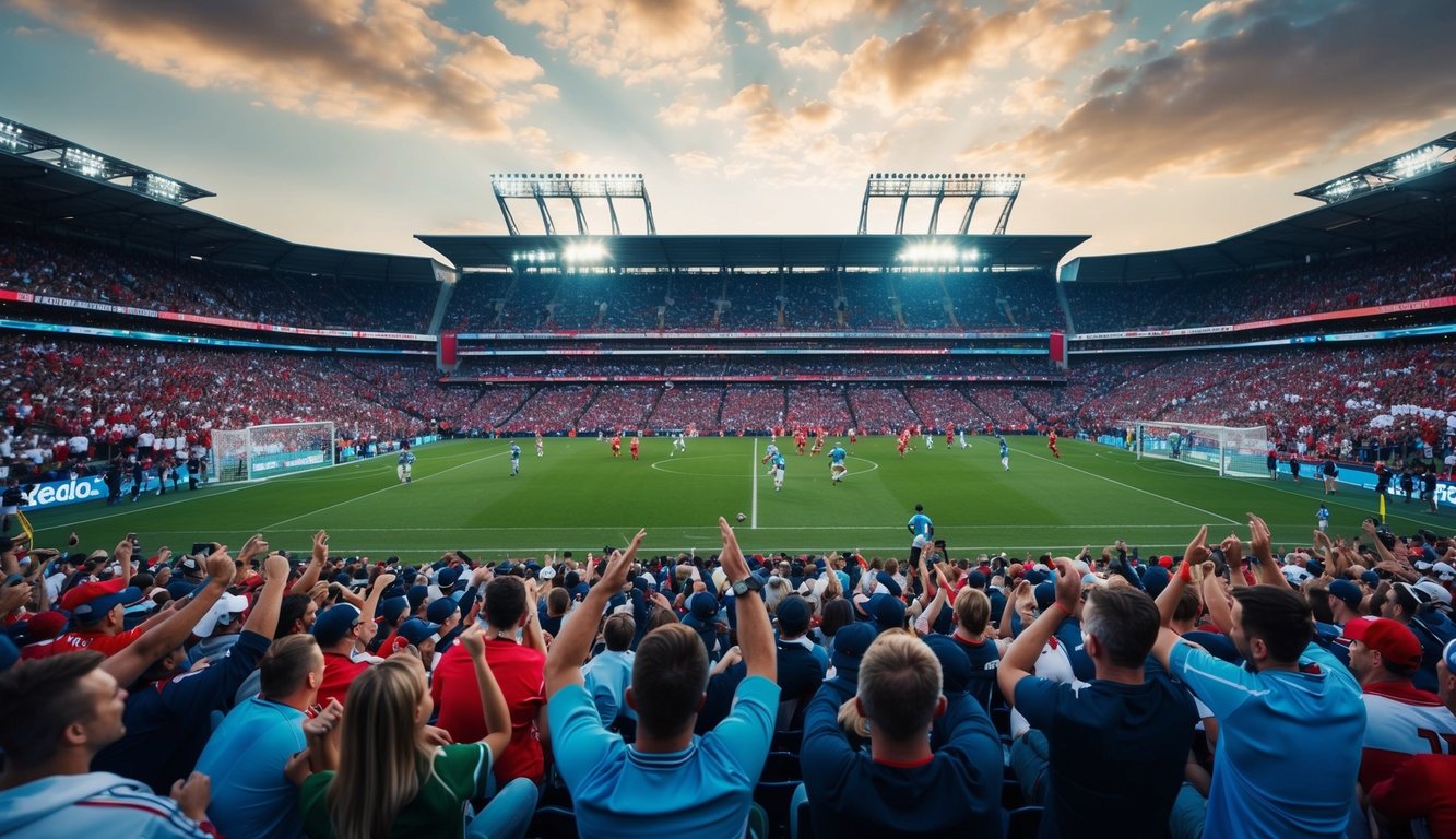 Sebuah stadion olahraga yang ramai dengan penggemar yang bersorak dan pemain di lapangan