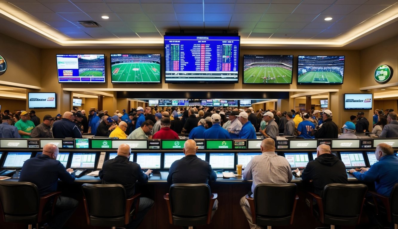 Sebuah sportsbook yang ramai dengan orang-orang yang memasang taruhan di konter dan menonton layar yang menampilkan berbagai acara olahraga