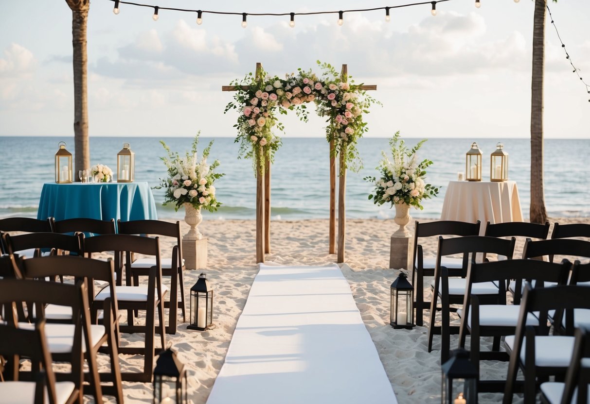 A beach ceremony with a floral arch, chairs, and an aisle leading to the water. A reception area with tables, lanterns, and string lights