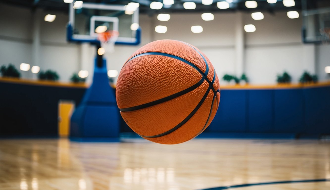 Sebuah bola basket memantul di lapangan dengan ring di latar belakang