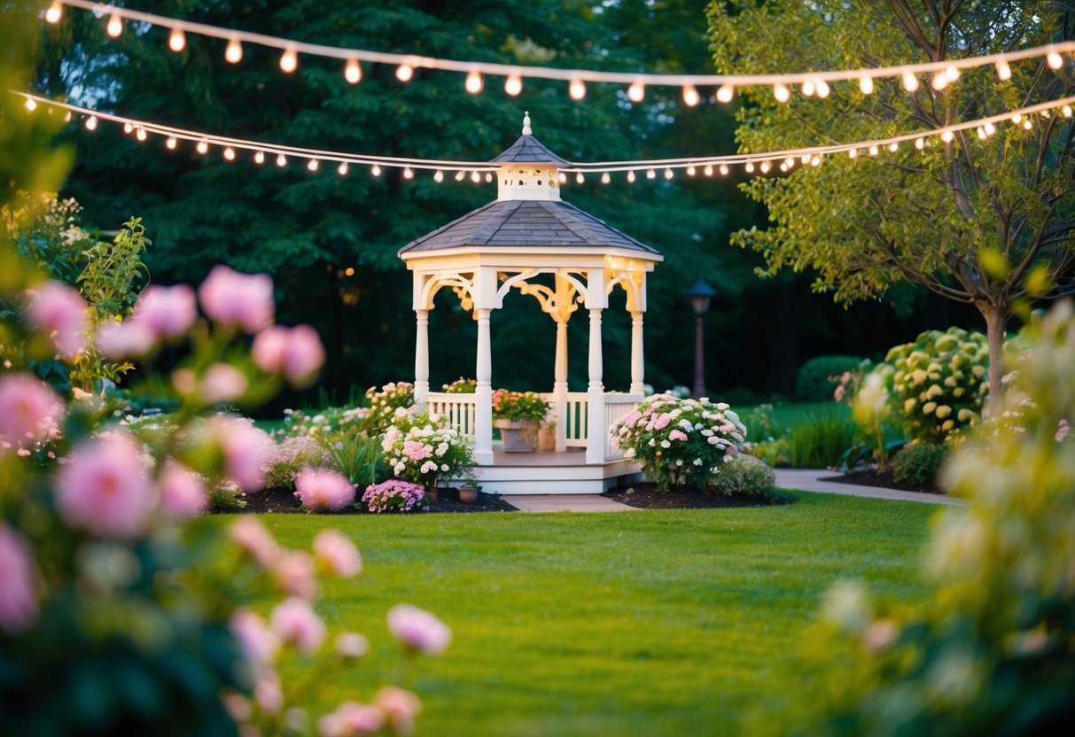 A cozy outdoor garden with a small, elegant gazebo surrounded by blooming flowers and twinkling string lights