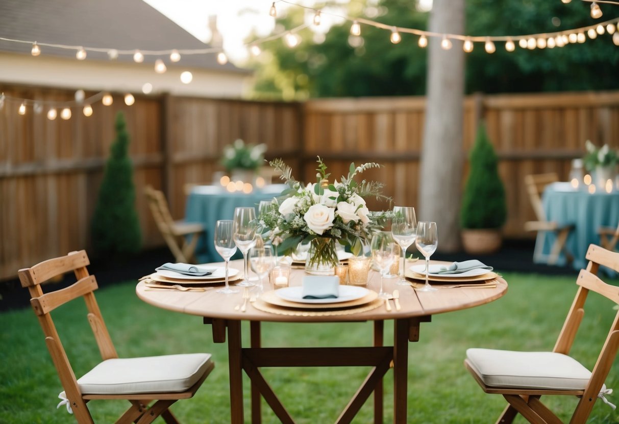 A cozy backyard setting with a small, elegantly decorated table for an intimate wedding celebration