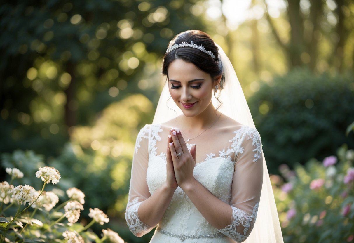 A shy bride standing in a secluded garden, surrounded by delicate flowers and soft sunlight, looking down at her clasped hands with a gentle smile on her face