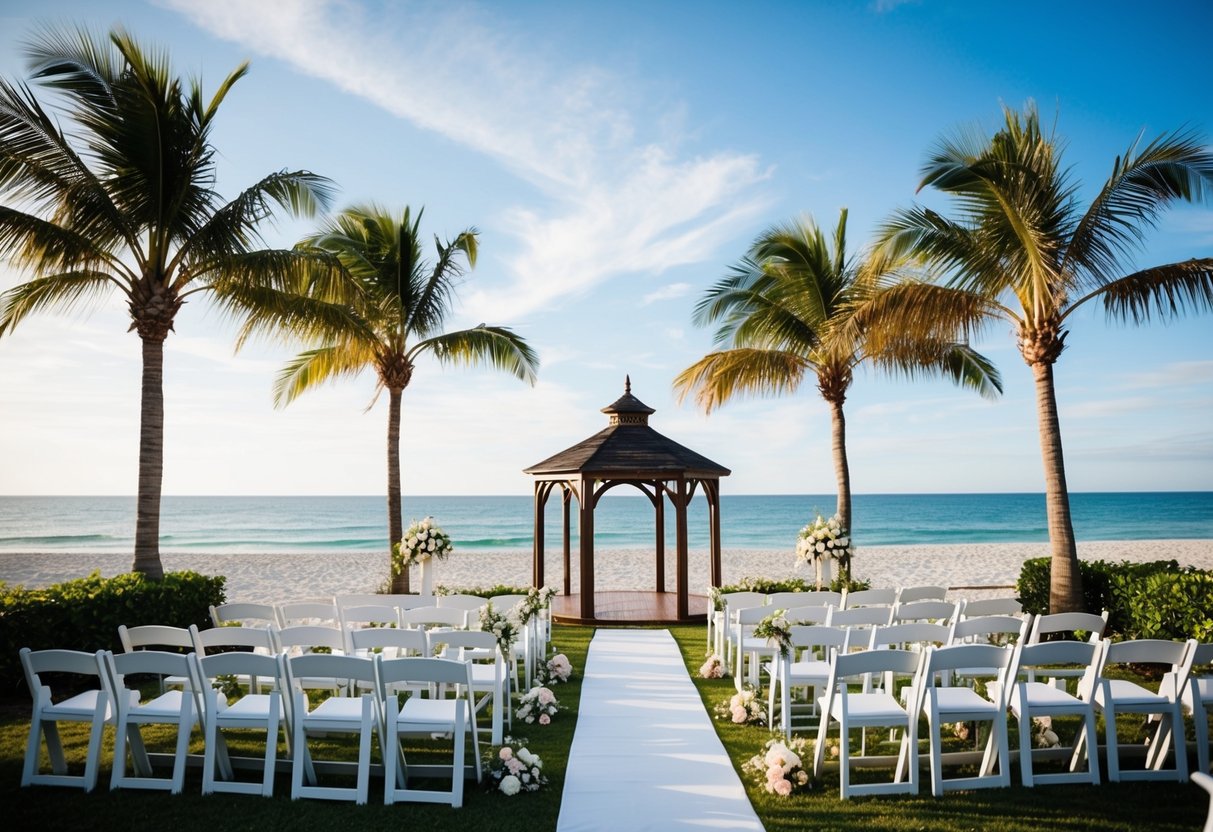 A beachside ceremony with a gazebo, palm trees, and white chairs arranged in a semi-circle facing the ocean