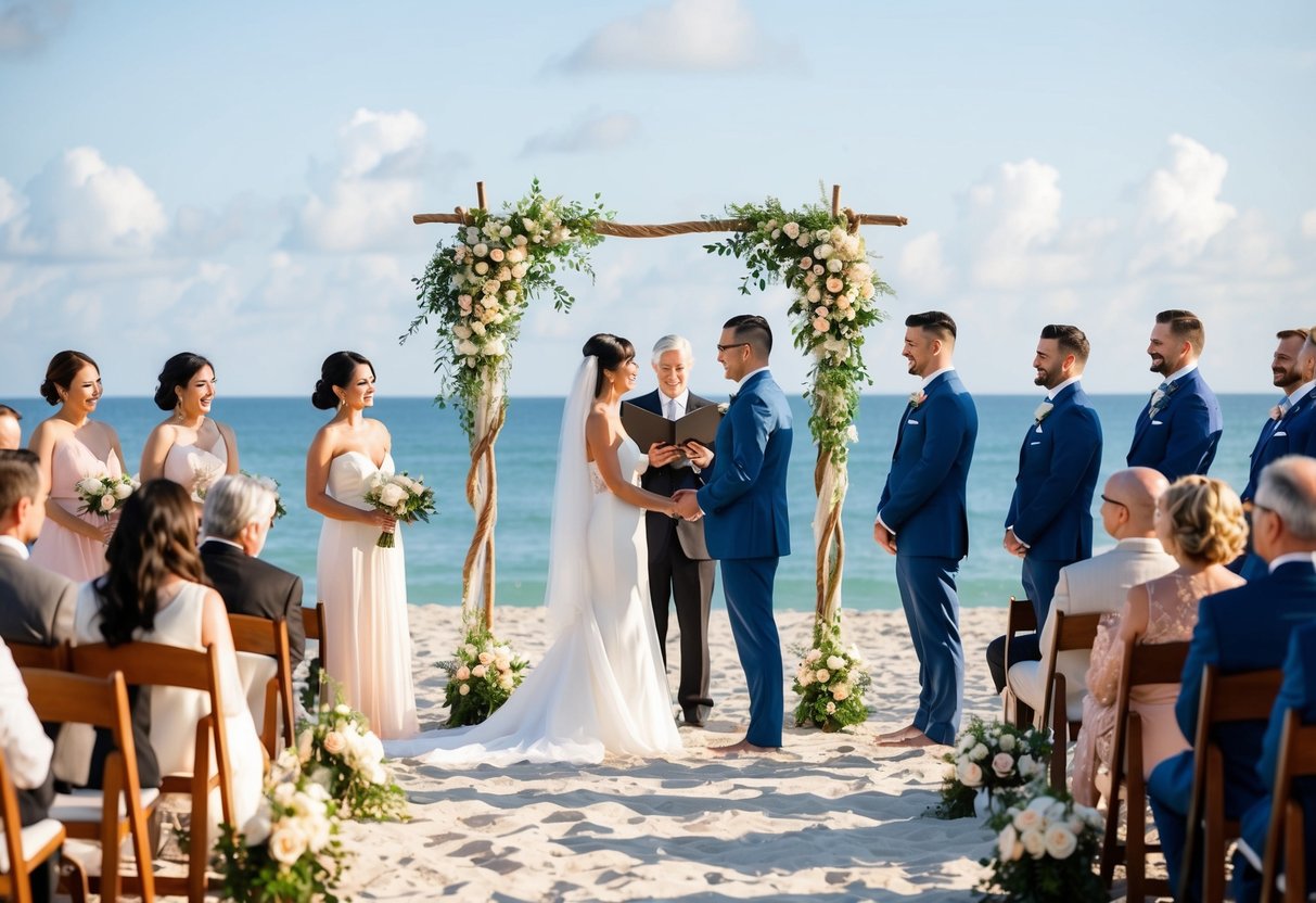 A beach ceremony with chairs and a decorated arch, overlooking the ocean with a small group of guests and a couple exchanging vows
