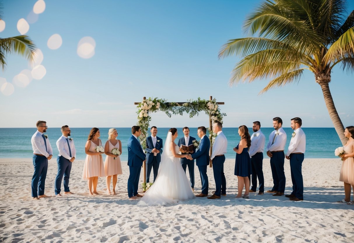 A beach setting with a small group of guests gathered around a wedding arch, with the ocean and palm trees in the background