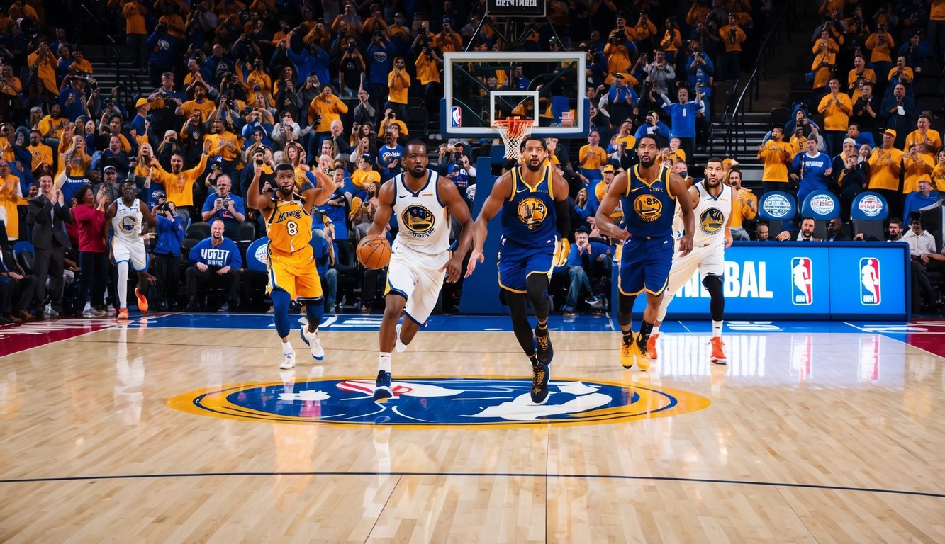 Sebuah lapangan basket dengan logo tim NBA, penggemar bersorak, dan pemain sedang beraksi