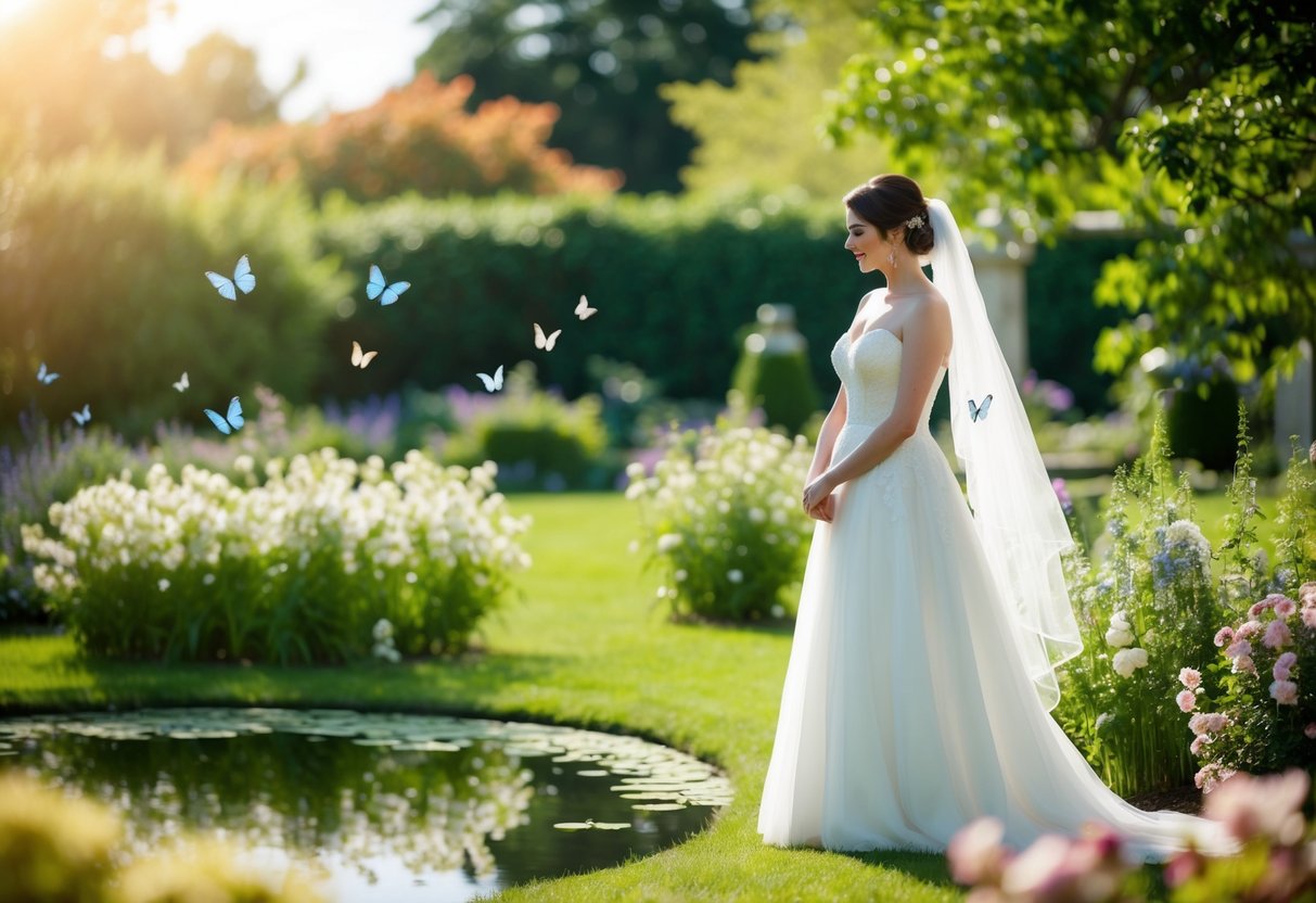 A shy bride stands alone in a sunlit garden, surrounded by blooming flowers and delicate butterflies. A gentle breeze ruffles her veil as she gazes at her reflection in a tranquil pond
