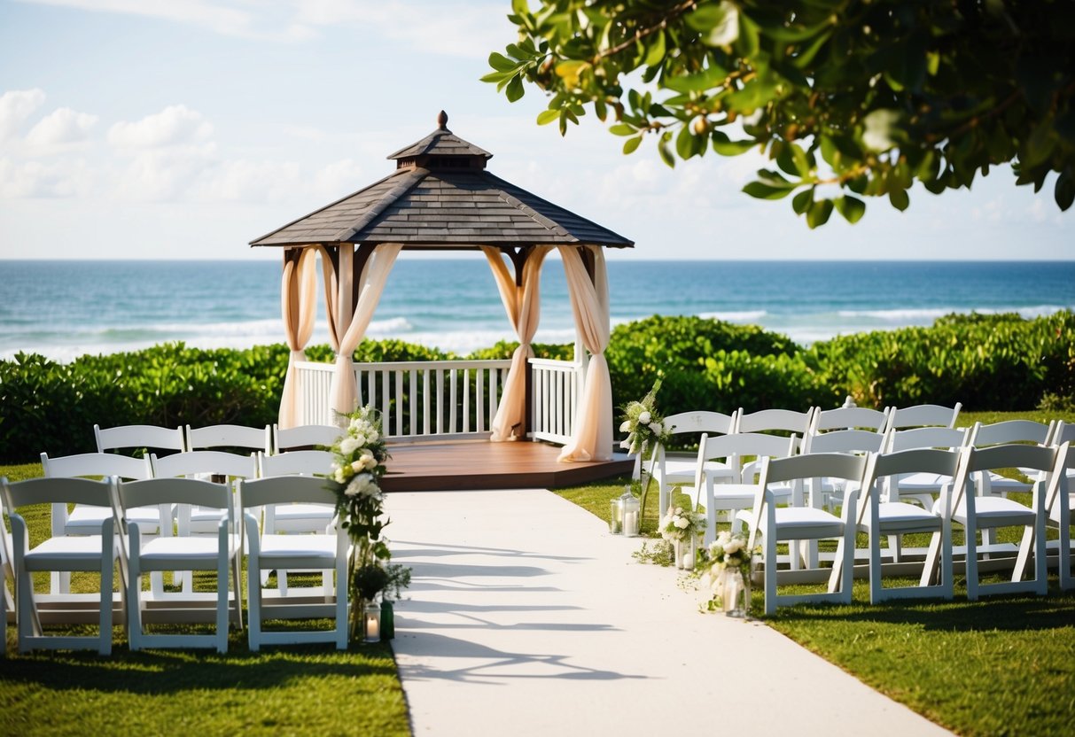 A picturesque beach setting with a gazebo and chairs set up for a wedding ceremony, surrounded by lush greenery and the ocean in the background