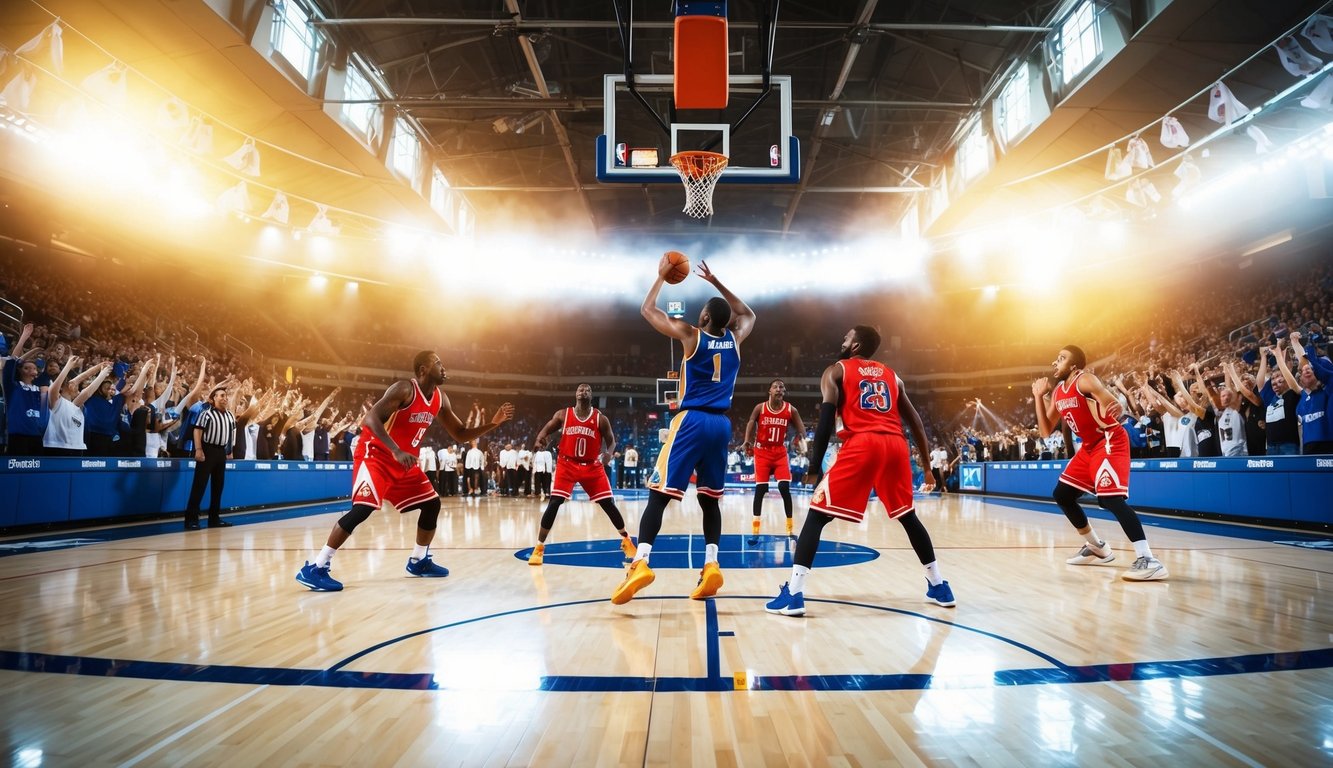 Sebuah lapangan basket dengan pemain yang sedang beraksi, dikelilingi oleh penggemar yang bersorak dan stadion yang terang benderang