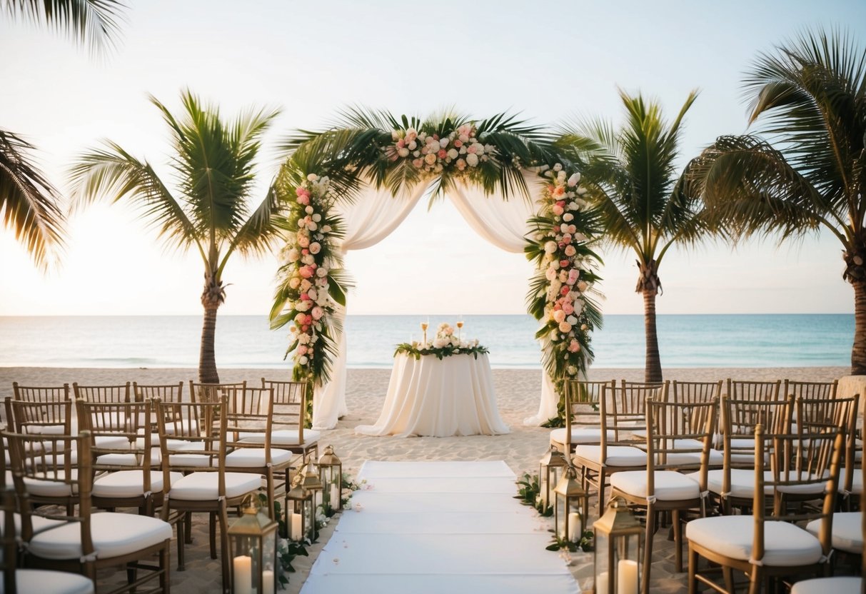 A beachside wedding setting with a tropical backdrop and elegant decor