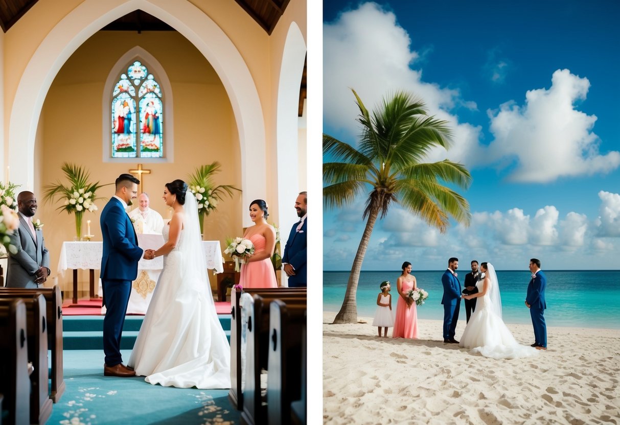 A traditional wedding set in a church with a bride and groom exchanging vows, while a destination wedding takes place on a tropical beach with a small group of guests