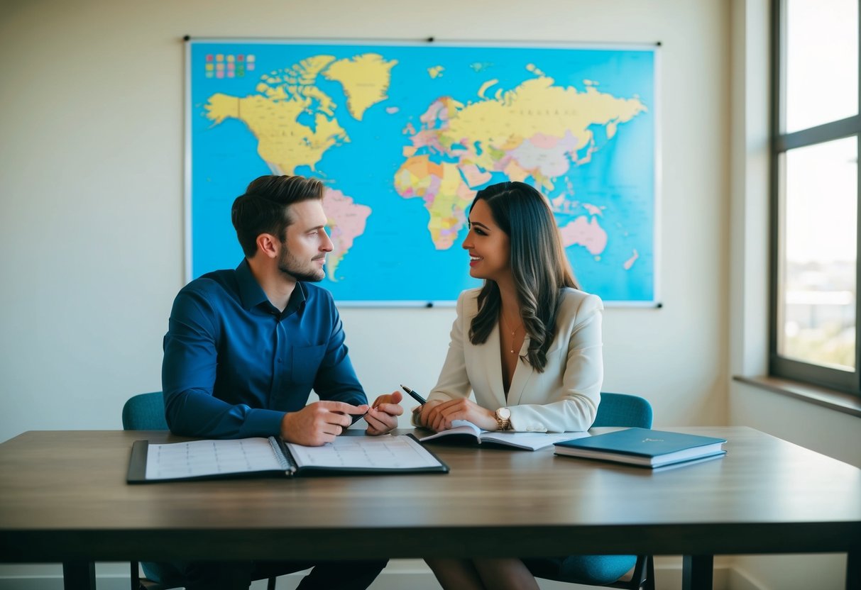 A couple sits at a table with a map and calendar, discussing travel arrangements and budgeting for their destination wedding