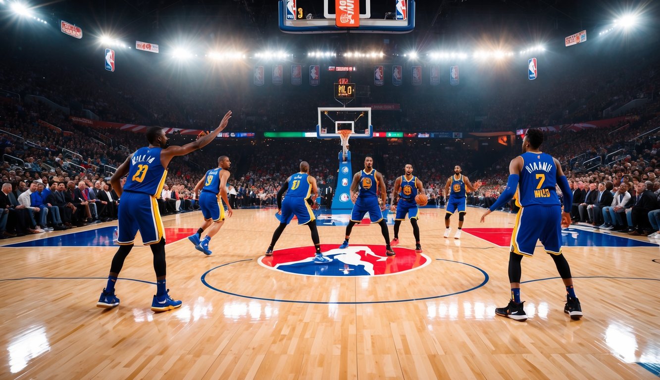 Sebuah lapangan basket dengan logo NBA, pemain yang sedang beraksi, dan penggemar yang bersorak