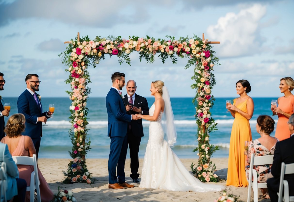A beach with a bride and groom exchanging vows under a floral arch, while guests enjoy cocktails and ocean views