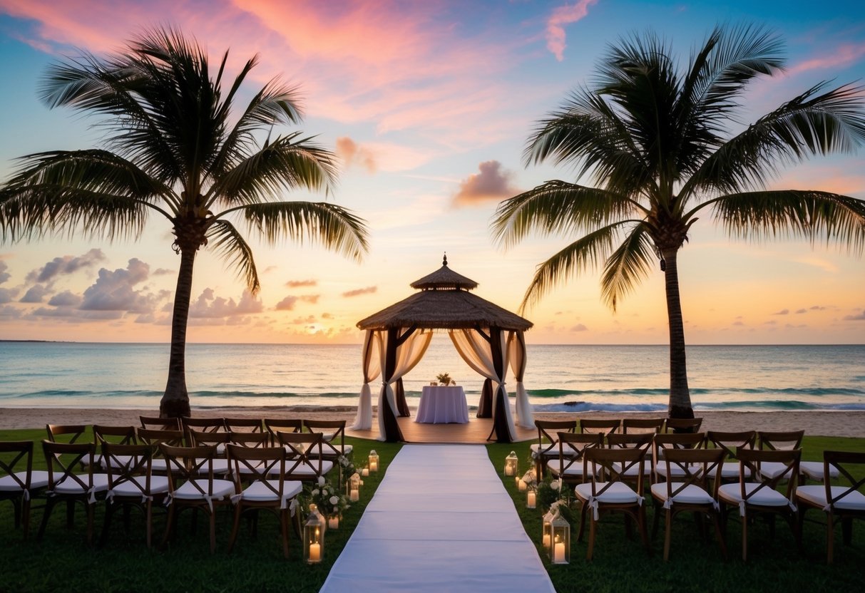 A tropical beach with a colorful sunset, palm trees, and a romantic gazebo set up for a wedding ceremony