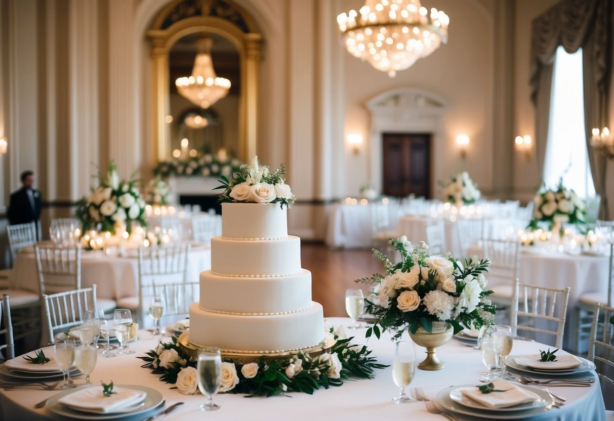 A traditional wedding scene with a grand venue, floral decorations, elegant table settings, and a tiered wedding cake