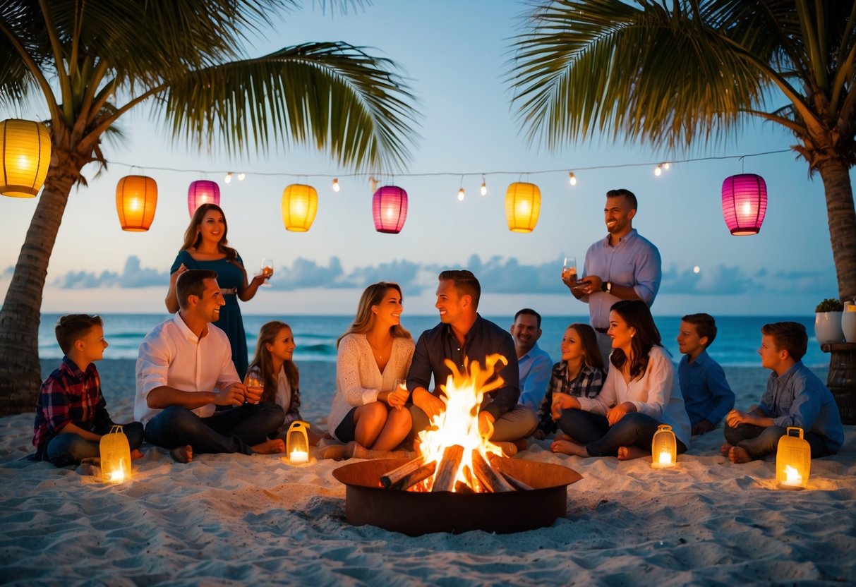 A couple sitting by a bonfire on the beach, surrounded by friends and family, with colorful lanterns hanging from palm trees