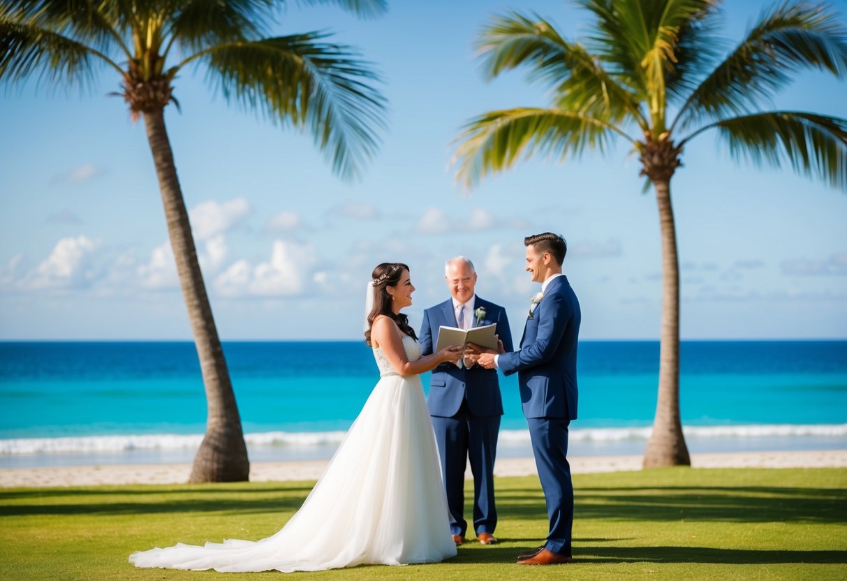 A couple exchanging vows on a scenic beach with palm trees and a clear blue ocean in the background