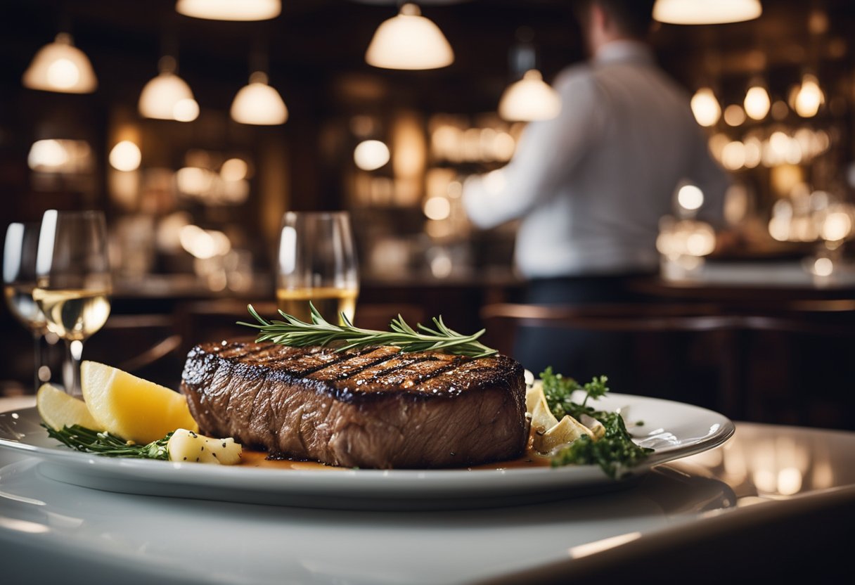 A bustling steakhouse with dim lighting, sizzling grills, and elegant decor in Colchester, Essex. Patrons enjoy savoring juicy steaks and fine wines