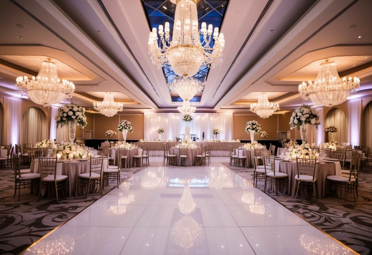 A grand wedding reception with a lavish banquet, elegant decor, and a large dance floor. The venue is adorned with flowers and twinkling lights, creating a romantic atmosphere