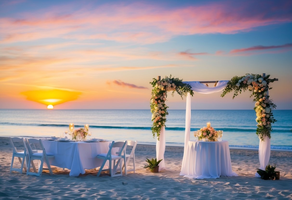 A serene beach setting with a colorful sunset, a wedding arch adorned with flowers, and a table set for a romantic dinner on the sand