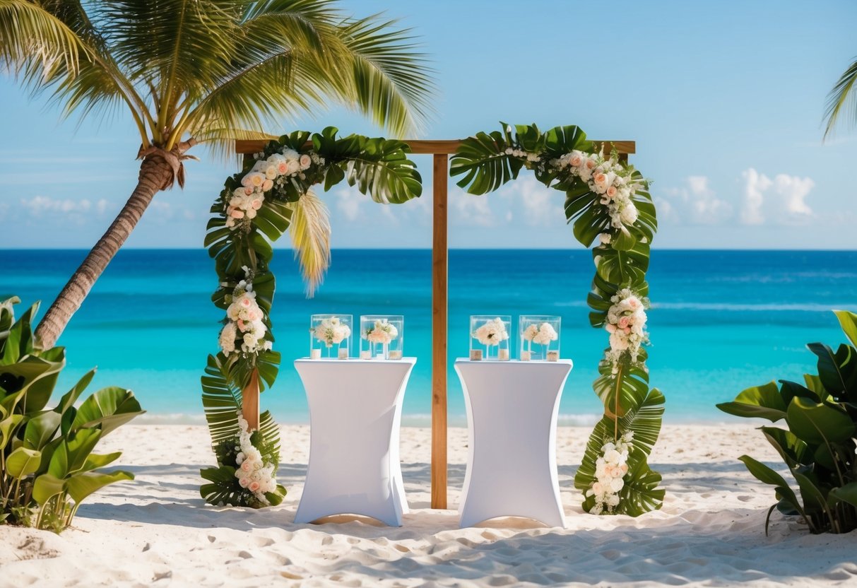 A serene beach wedding setting with two contrasting wedding packages displayed side by side, surrounded by tropical foliage and a clear blue ocean backdrop