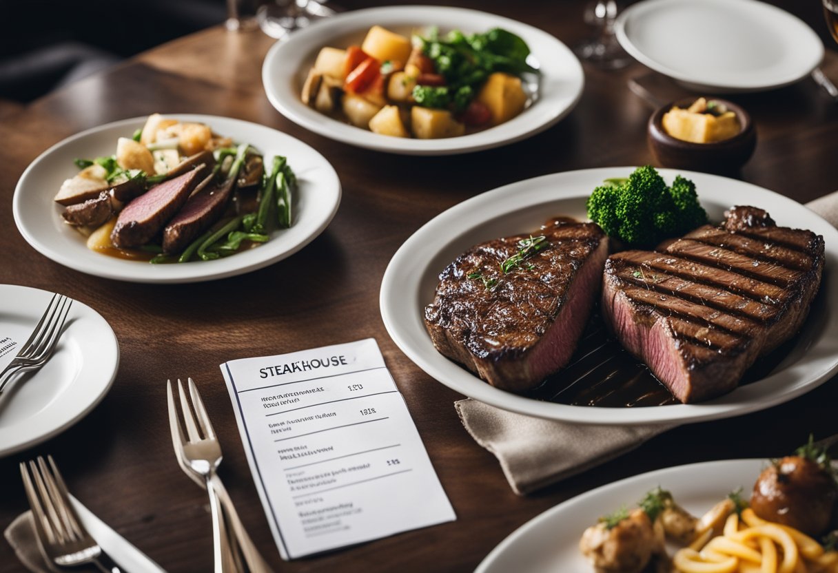 A table set with various steak cuts and a menu featuring the 10 best steakhouse restaurants in Colchester, Essex