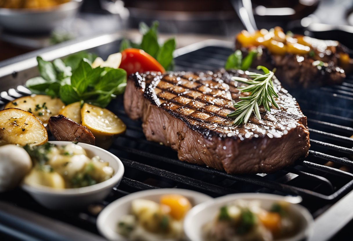 A sizzling steak on a hot grill, surrounded by a variety of seasoning and herbs, with a backdrop of a bustling steakhouse restaurant in Colchester, Essex