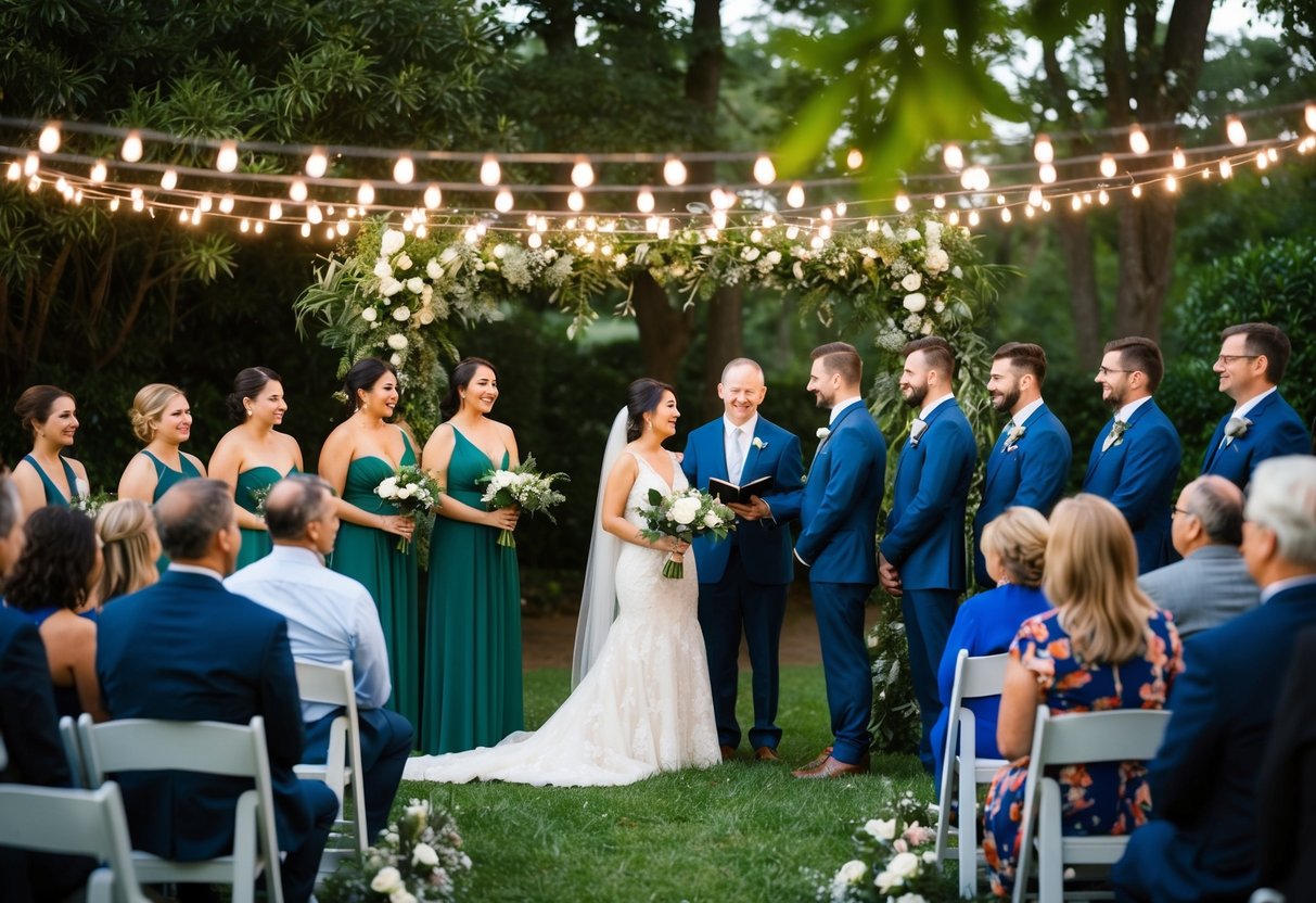A cozy outdoor ceremony with a small group of loved ones, surrounded by lush greenery and twinkling string lights