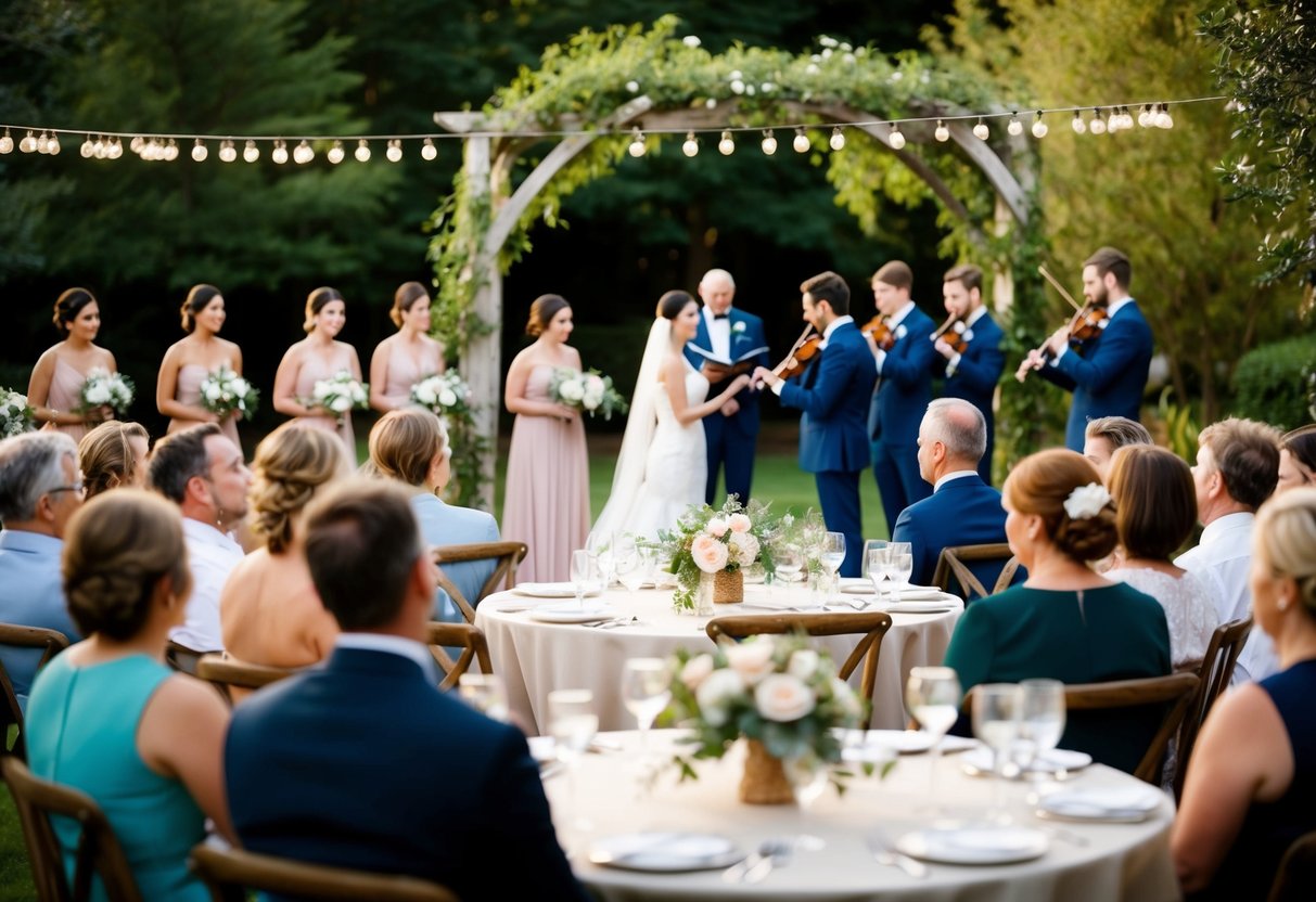 A cozy outdoor garden wedding with a small group of guests seated at round tables adorned with delicate floral centerpieces. A string quartet plays softly in the background as the bride and groom exchange vows under a rustic archway