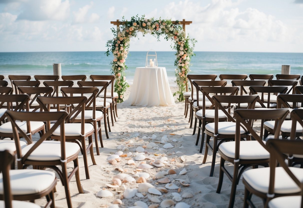 A beachside wedding venue with rows of chairs facing the ocean, a floral arch at the altar, and a scattering of seashells along the aisle