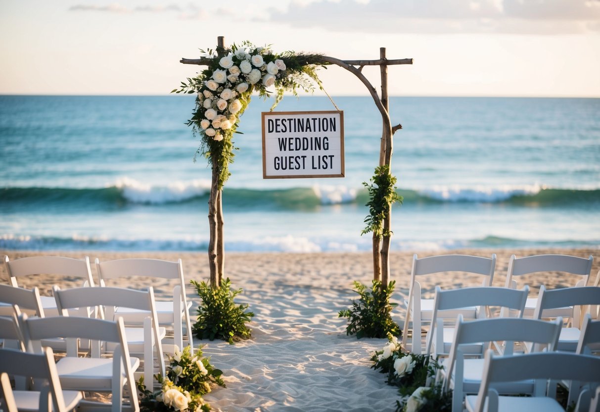 A beach wedding setup with chairs and a decorated arch overlooking the ocean, with a sign indicating "Destination Wedding Guest List."