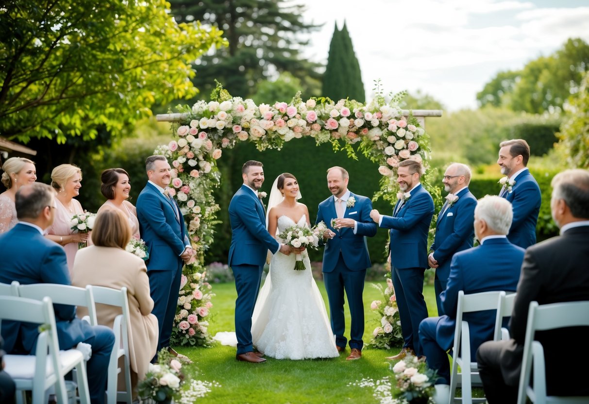 A small wedding ceremony in a cozy garden with a few close friends and family members celebrating under a blooming floral arch